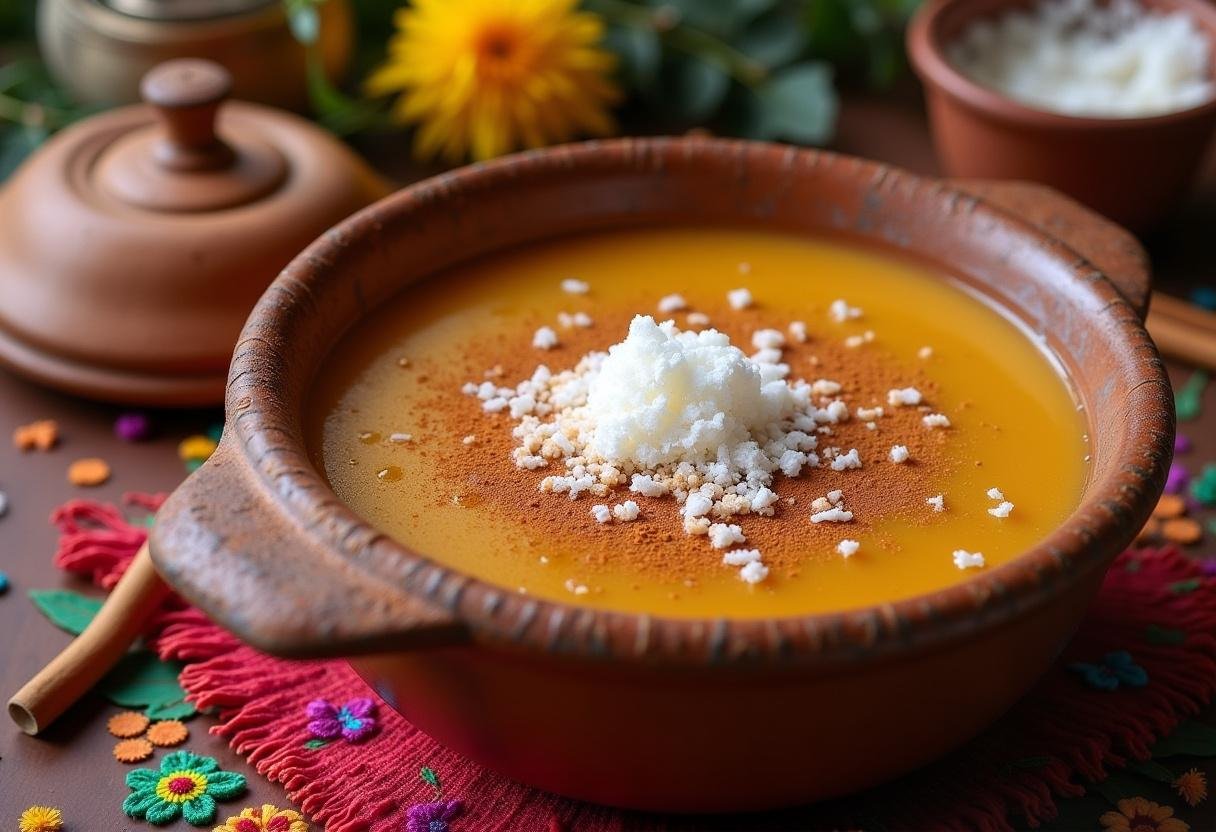 Canjica Doce da Noite Junina finalizada, decorada com canela e coco ralado, pronta para servir em festa junina.