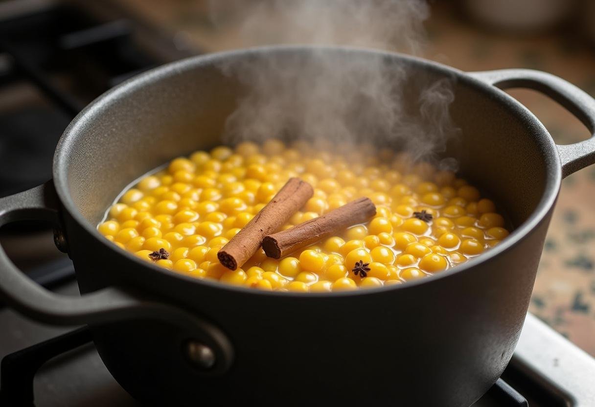 Milho branco cozinhando com canela e cravo para a Canjica Doce da Noite Junina.