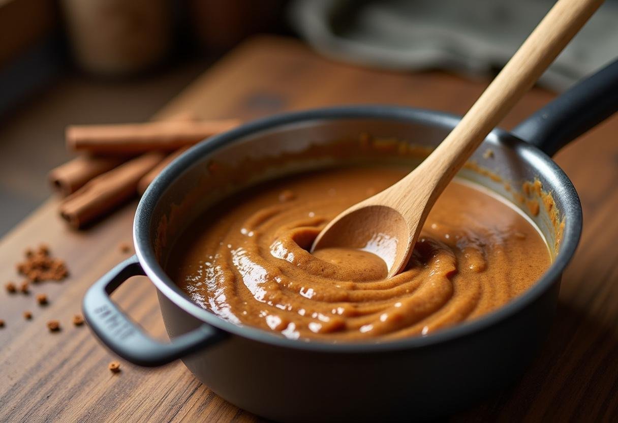 Mexendo a mistura de Canjica com canela em uma panela para as celebrações da noite Junina.