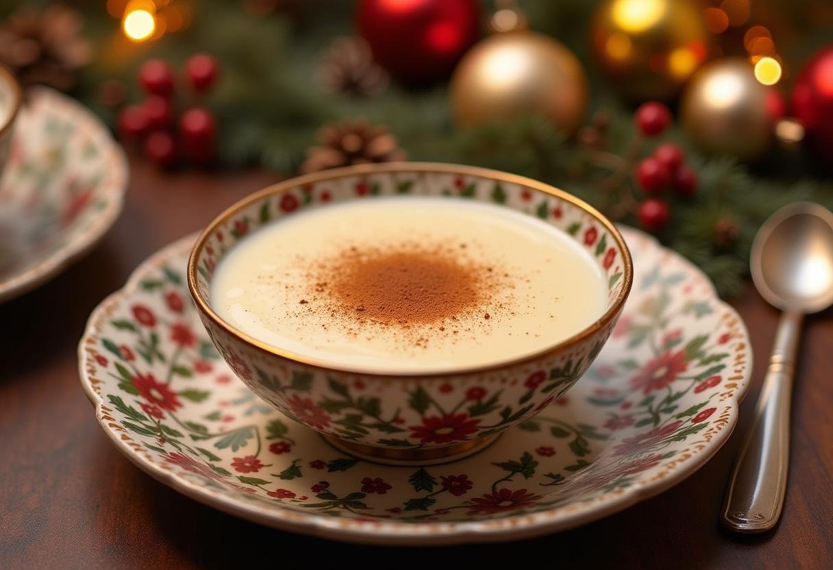 Tigela decorativa de Canjica Doce Da Noite Junina com canela, pronta para servir.