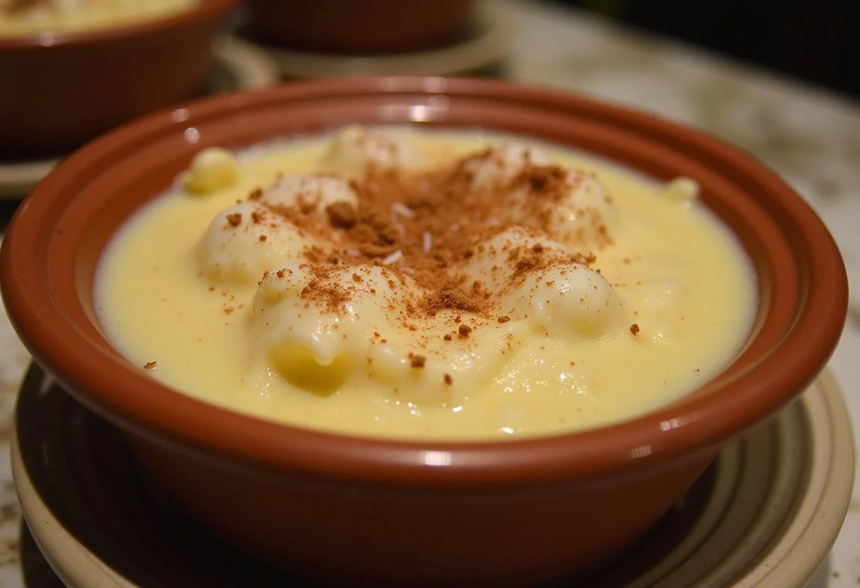 Delicious Brazilian canjica dessert served warm with cinnamon and coconut toppings.