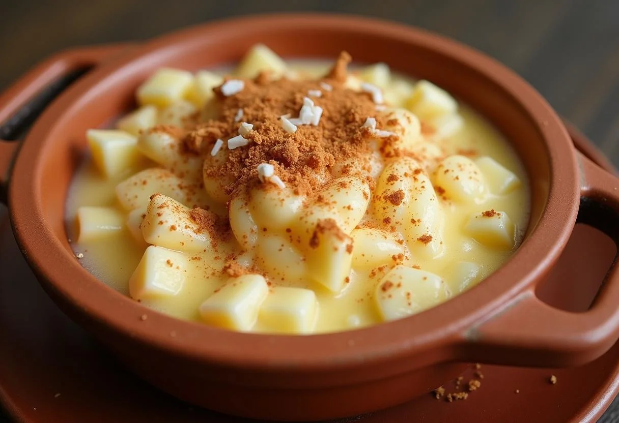 Deliciosa canjica brasileira servida quente com canela e coco ralado, prato típico das festas juninas