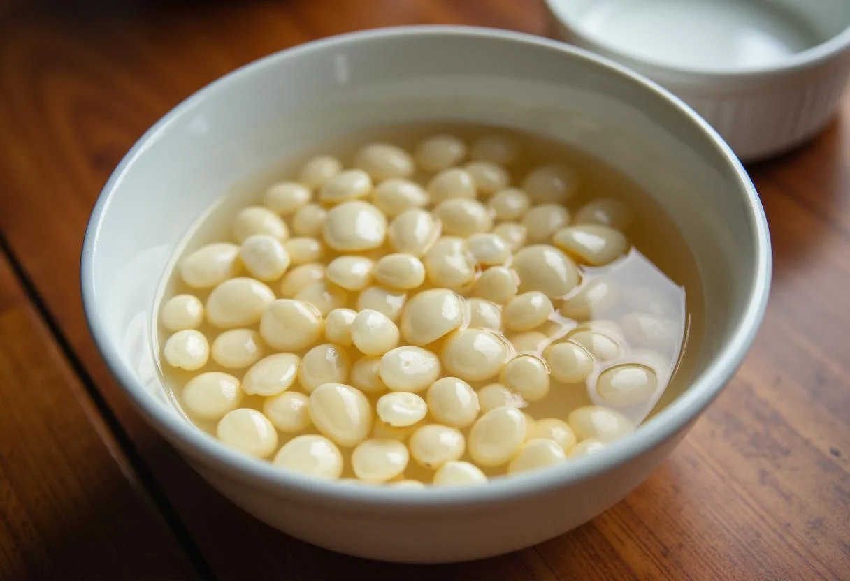 Grãos de milho branco para canjica de molho em água, etapa essencial para receita tradicional