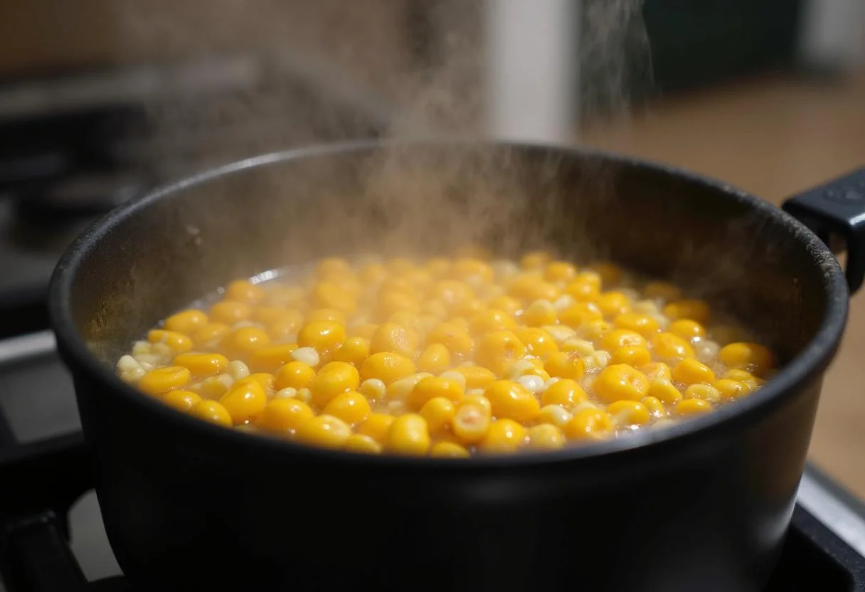Milho para canjica cozinhando em panela com especiarias, etapa crucial da receita