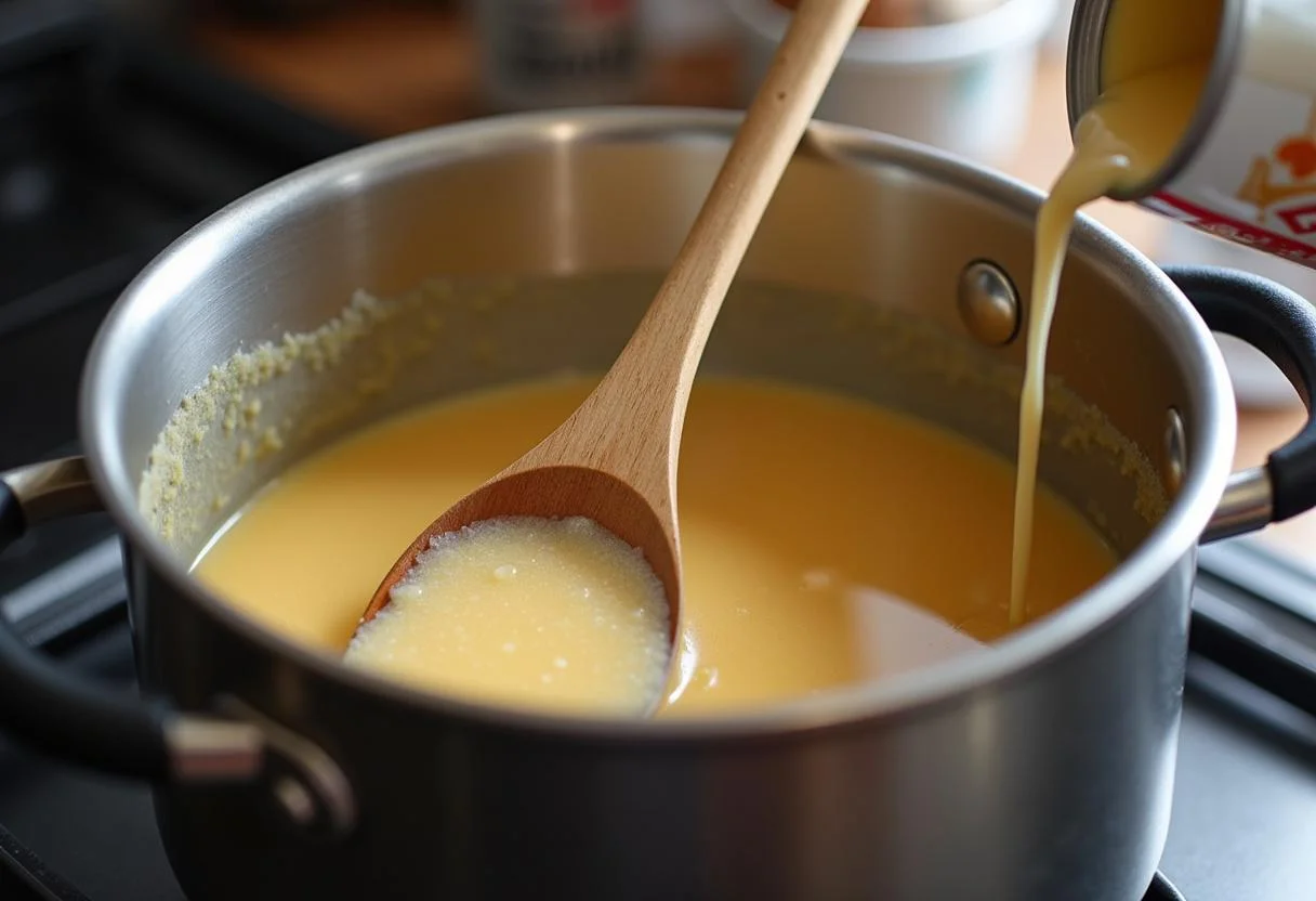 Adicionando leite condensado à canjica, etapa que transforma o prato em doce