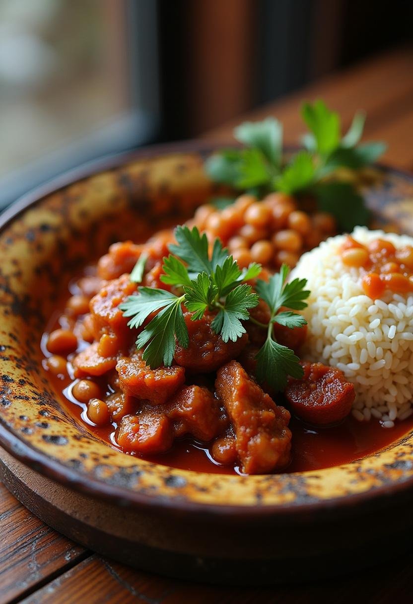Delicious carne-de-sol desfiada served with rice and beans, perfect for a hearty meal.