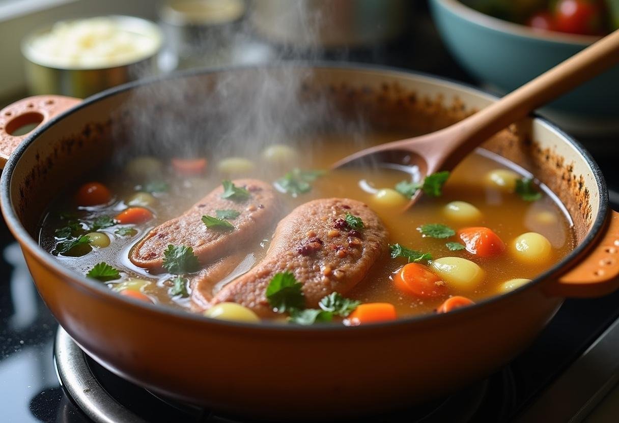 Carne-de-sol fervendo em caldo saboroso para Carne-de-Sol Desfiada.