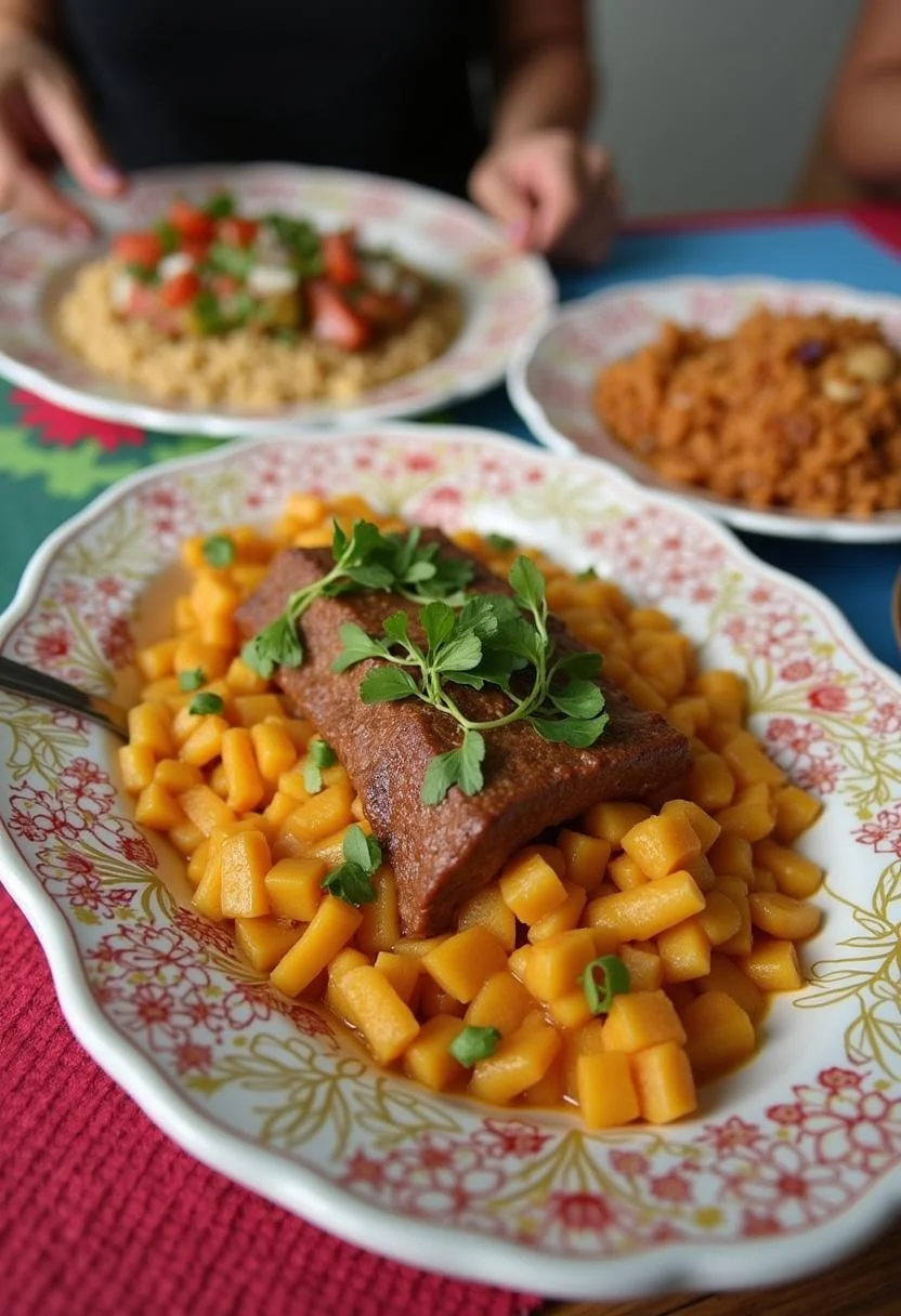 Delicious Carne de Sol com Macaxeira served with farofa and salad, perfect for a traditional meal.