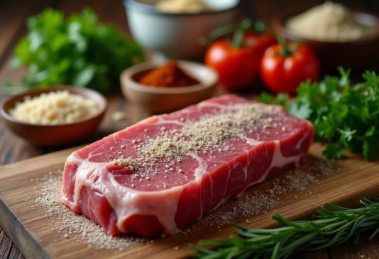 Carne de Sol being seasoned on a wooden table for Carne de Sol com Macaxeira dish.