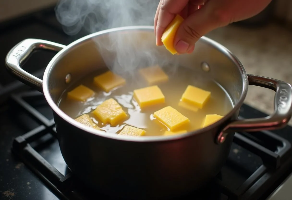 Macaxeira being boiled in water for Carne de Sol com Macaxeira preparation.