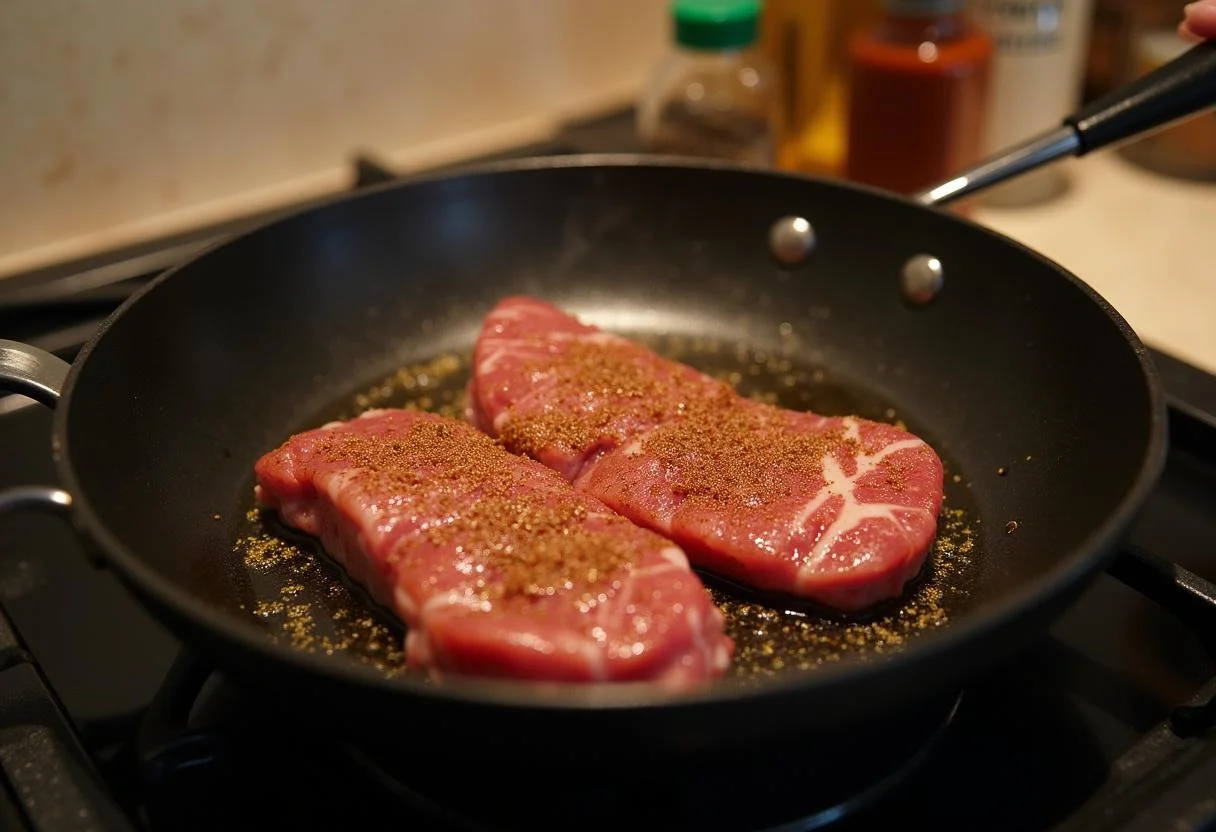 Carne de Sol being seared in a skillet for Carne de Sol com Macaxeira recipe.