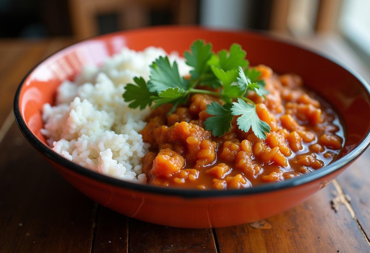 Caruru pronto, colorido e aromático, servido com arroz branco e coentro fresco.