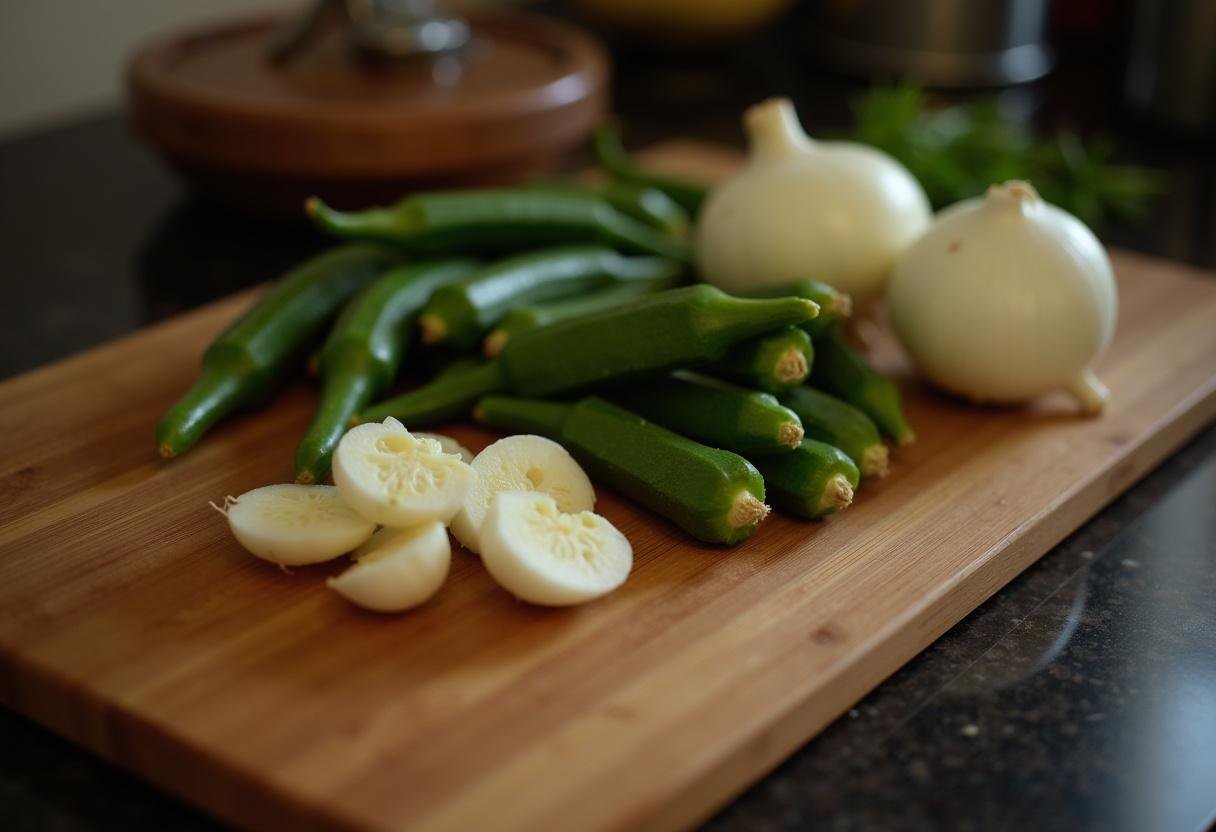 Ingredientes frescos como quiabo, cebola e alho preparados para o caruru.