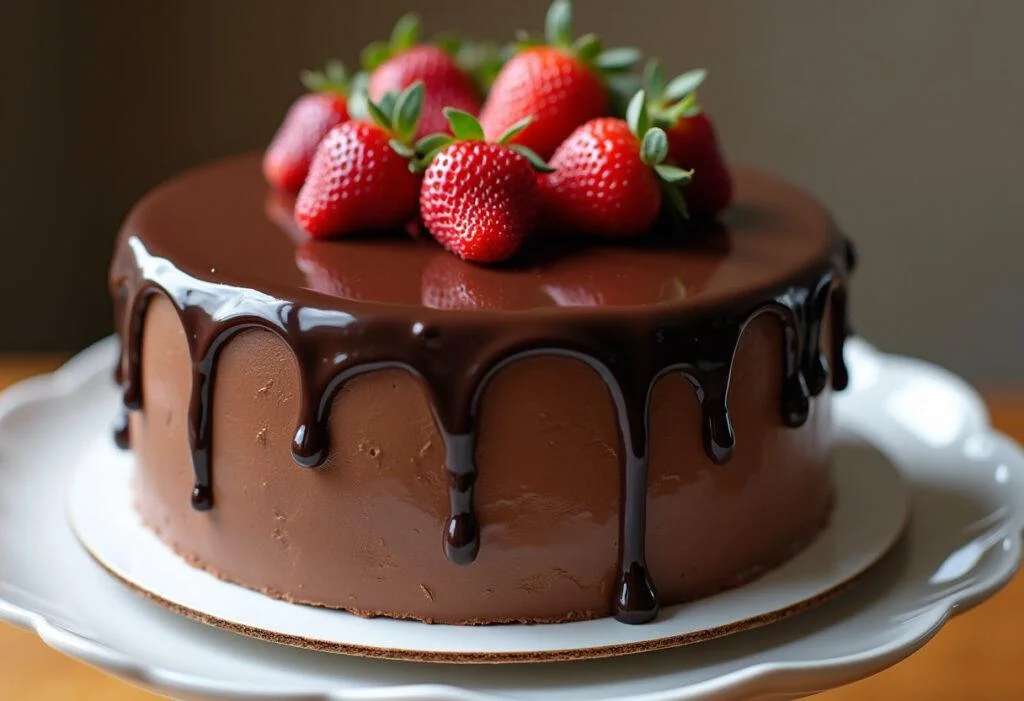 Bolo de Chocolate Sicao Nobre finalizado, coberto com ganache espelhada e frutas frescas.