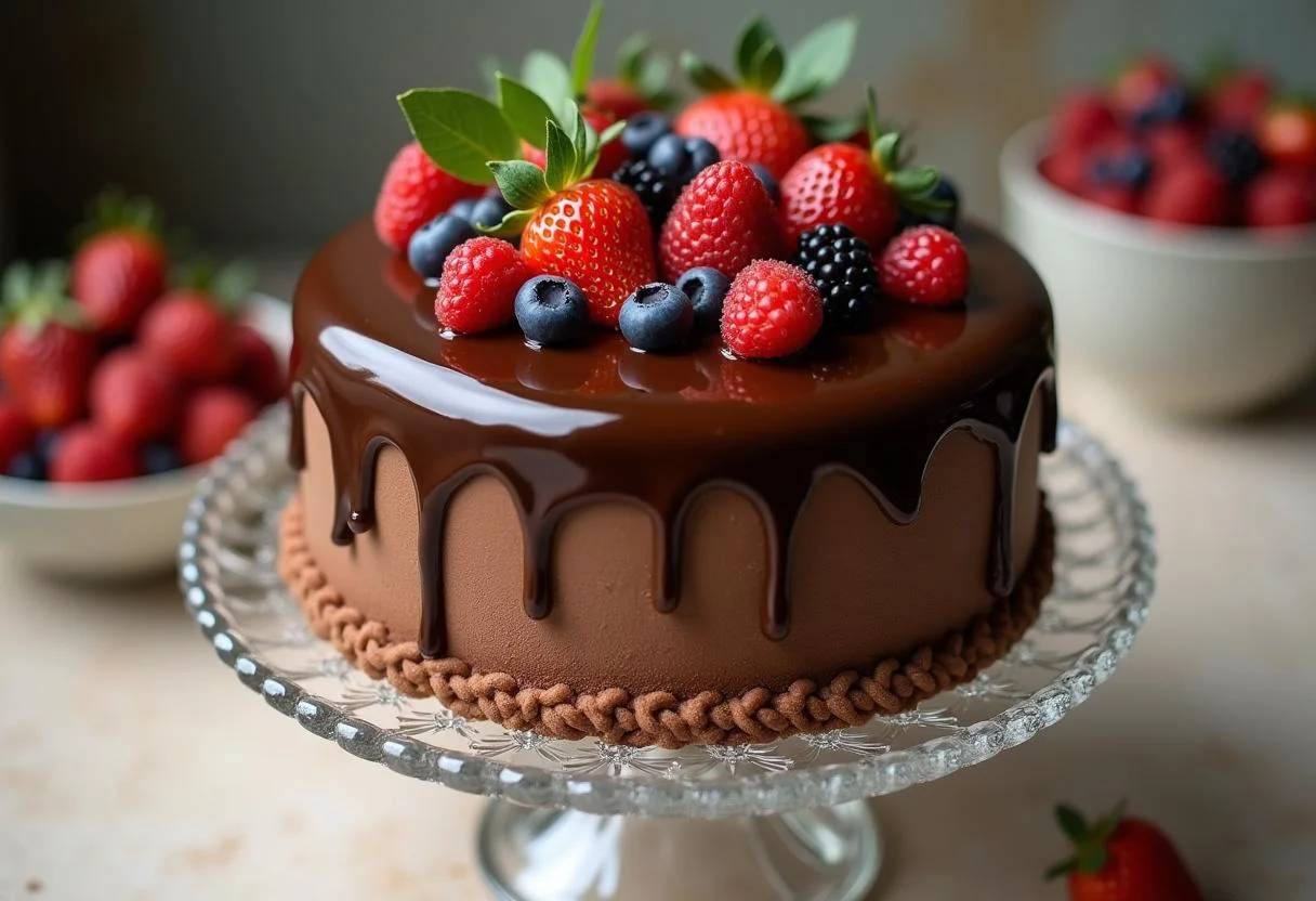 Bolo de Chocolate Sicao Nobre finalizado, coberto com ganache espelhada e frutas frescas.