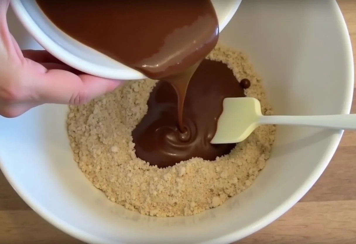 Mistura de chocolate e manteiga sendo adicionada aos ingredientes secos para o Bolo de Chocolate Sicao Nobre.