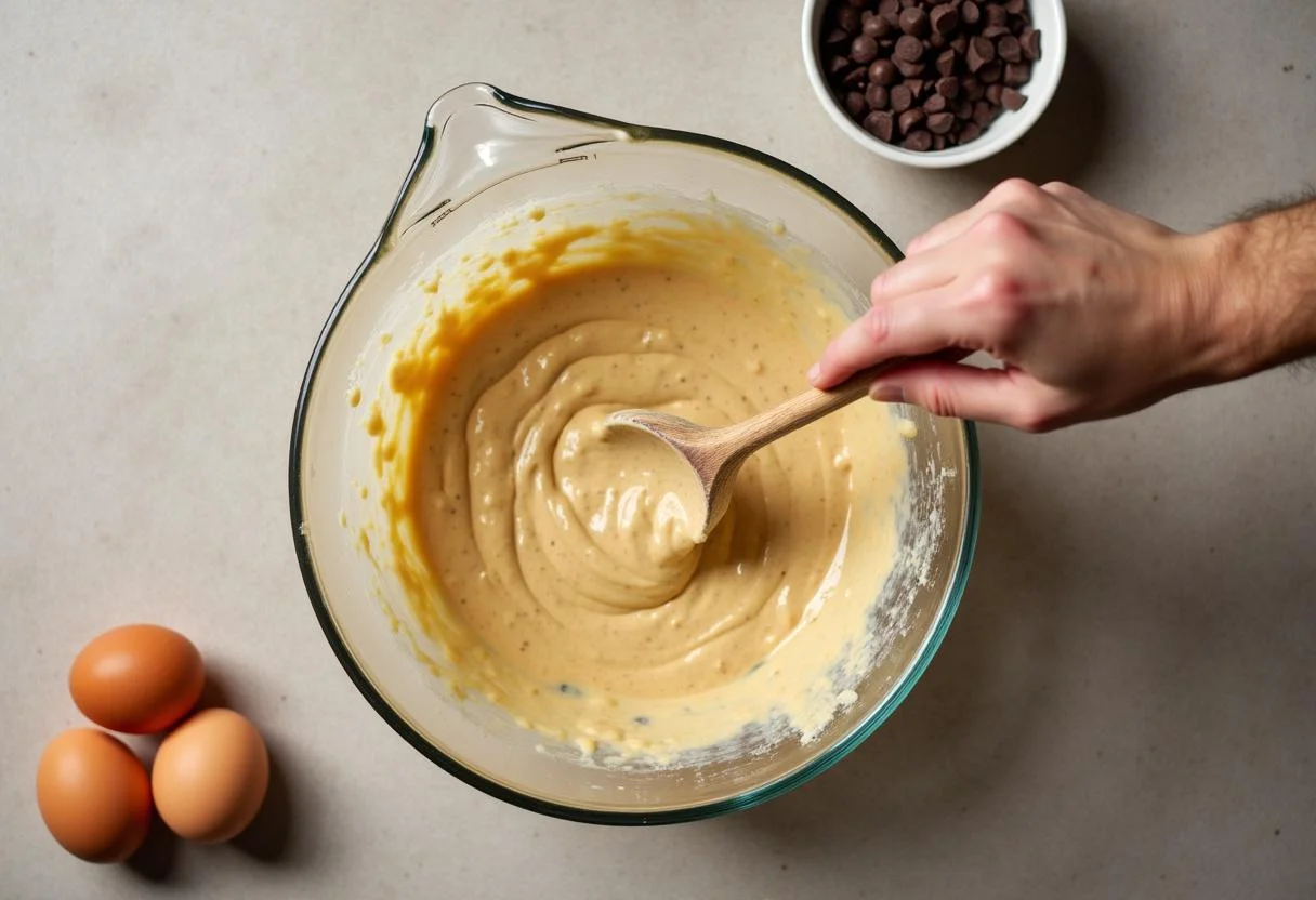 Massa de chocolate sendo misturada para o Bolo de Chocolate Sicao Nobre, com chocolate explicativo ao lado.