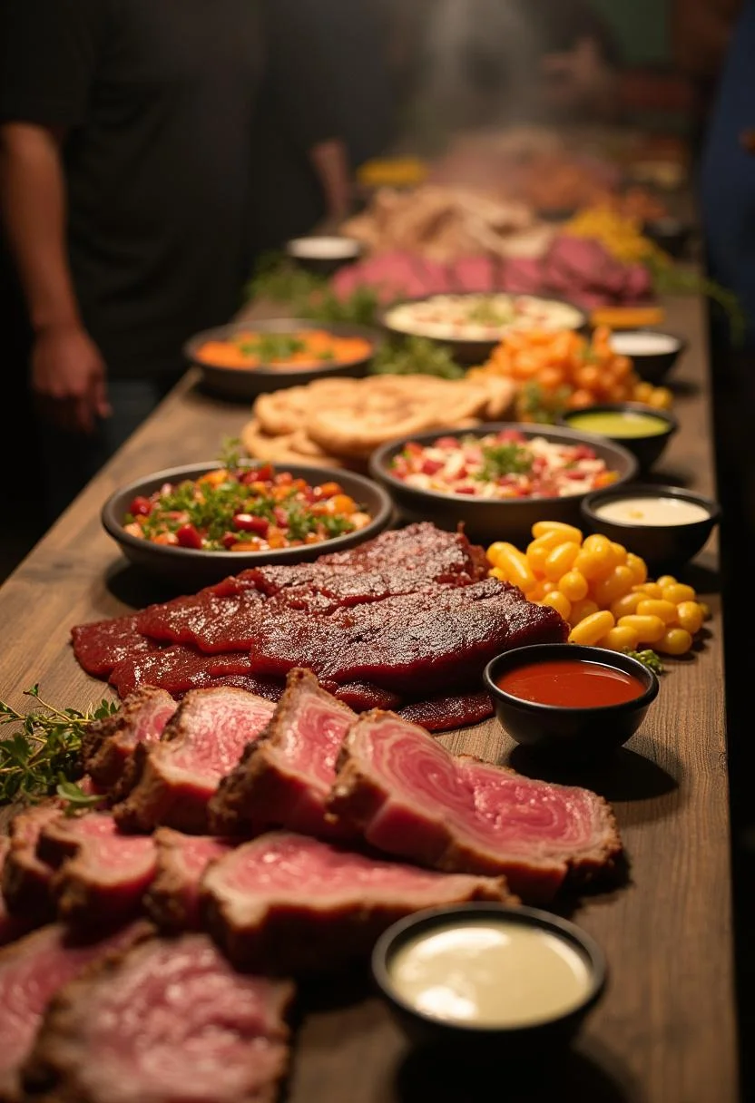 Mesa repleta de churrasco brasileiro suculento, perfeita para uma festa.