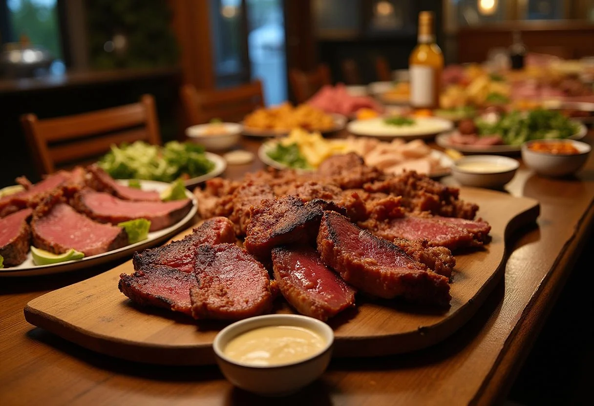 Mesa repleta de churrasco brasileiro suculento, perfeita para uma festa.