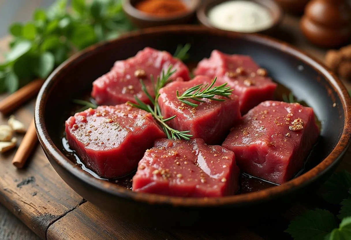 Carne de churrasco brasileira em marinada, com picanha e fraldinha temperadas.