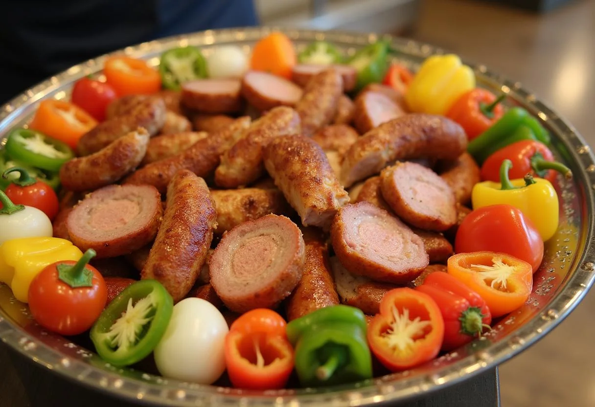 Prato de churrasco brasileiro com carne assada e legumes coloridos para servir.