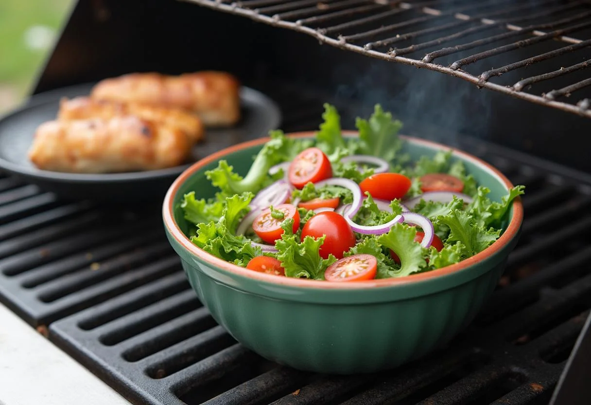 Salada fresca para acompanhar o churrasco brasileiro, com legumes e verduras na mesa.
