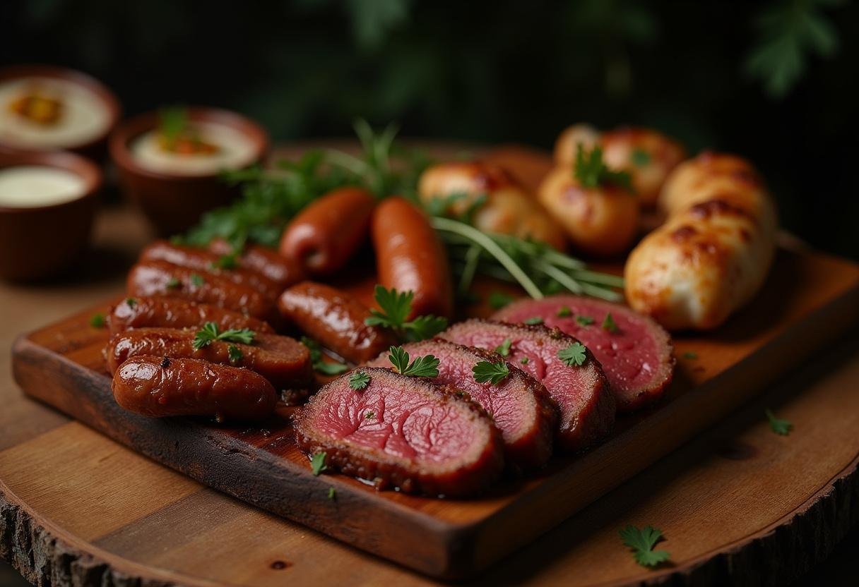Prato de madeira rústico com carnes grelhadas como picanha, linguiça e frango, acompanhadas de farofa e vinagrete.