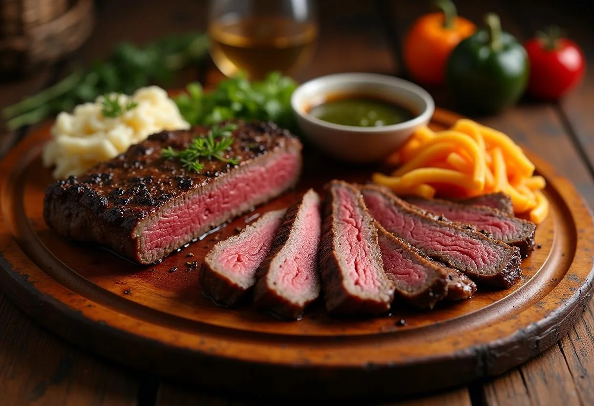 Majestic Churrasco Gaúcho with picanha, farofa, and chimichurri, a feast for meat lovers.