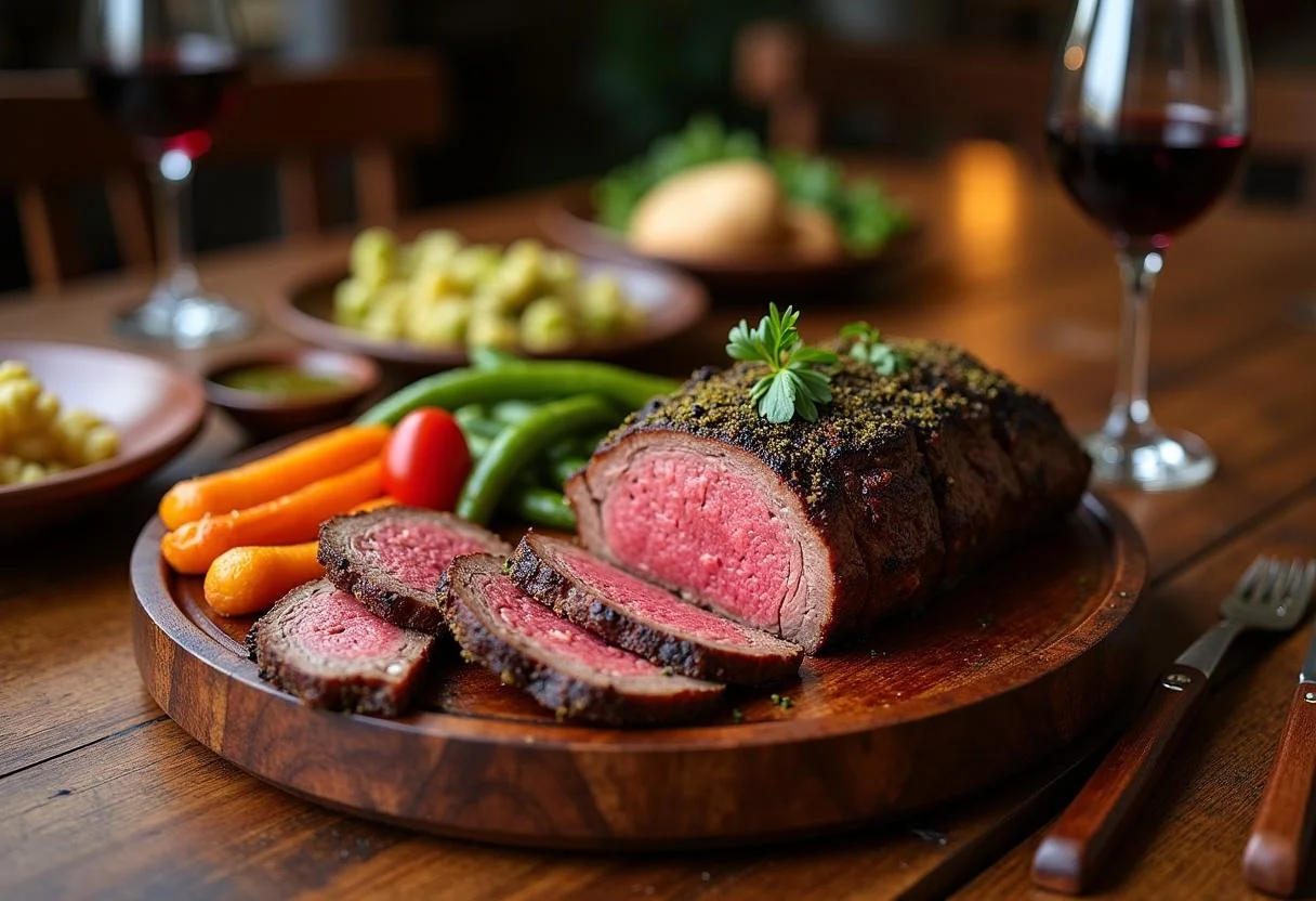 Majestic Churrasco Gaúcho with picanha, farofa, and chimichurri, a feast for meat lovers.