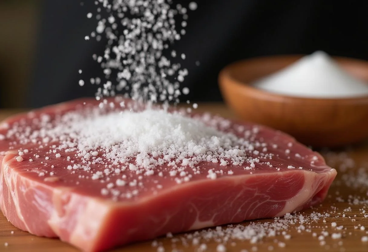 Coarse salt being applied to picanha for authentic Churrasco Gaúcho Majestoso.