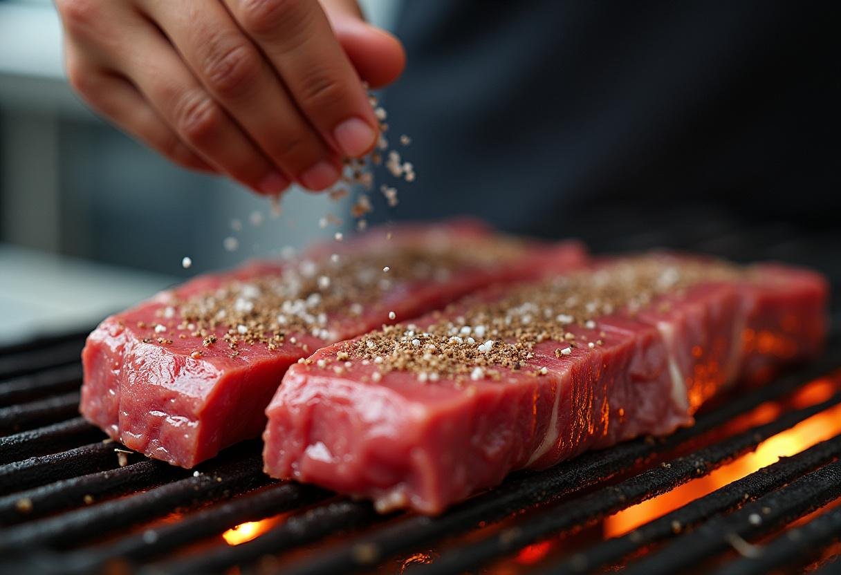 Chef seasoning picanha for Churrasco Gaúcho Majestoso with coarse salt for enhanced flavor.