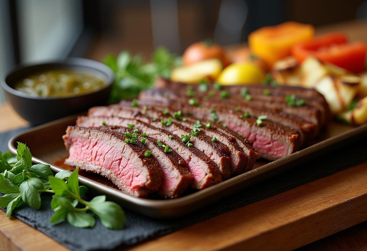 Sliced picanha served with chimichurri sauce for a majestic Churrasco Gaúcho experience.
