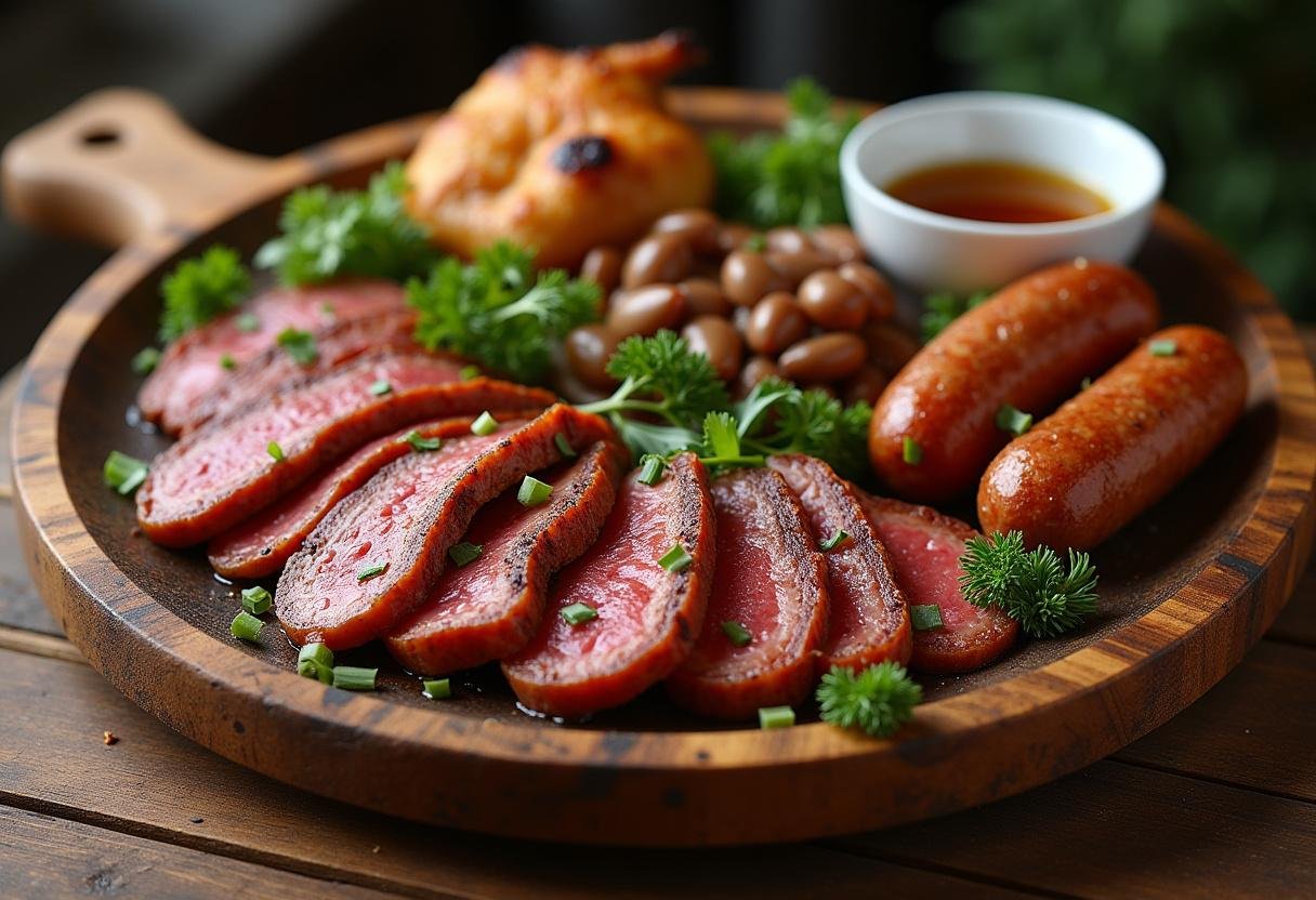 Prato de madeira rústico com carnes grelhadas como picanha, linguiça e frango, acompanhadas de farofa e vinagrete.