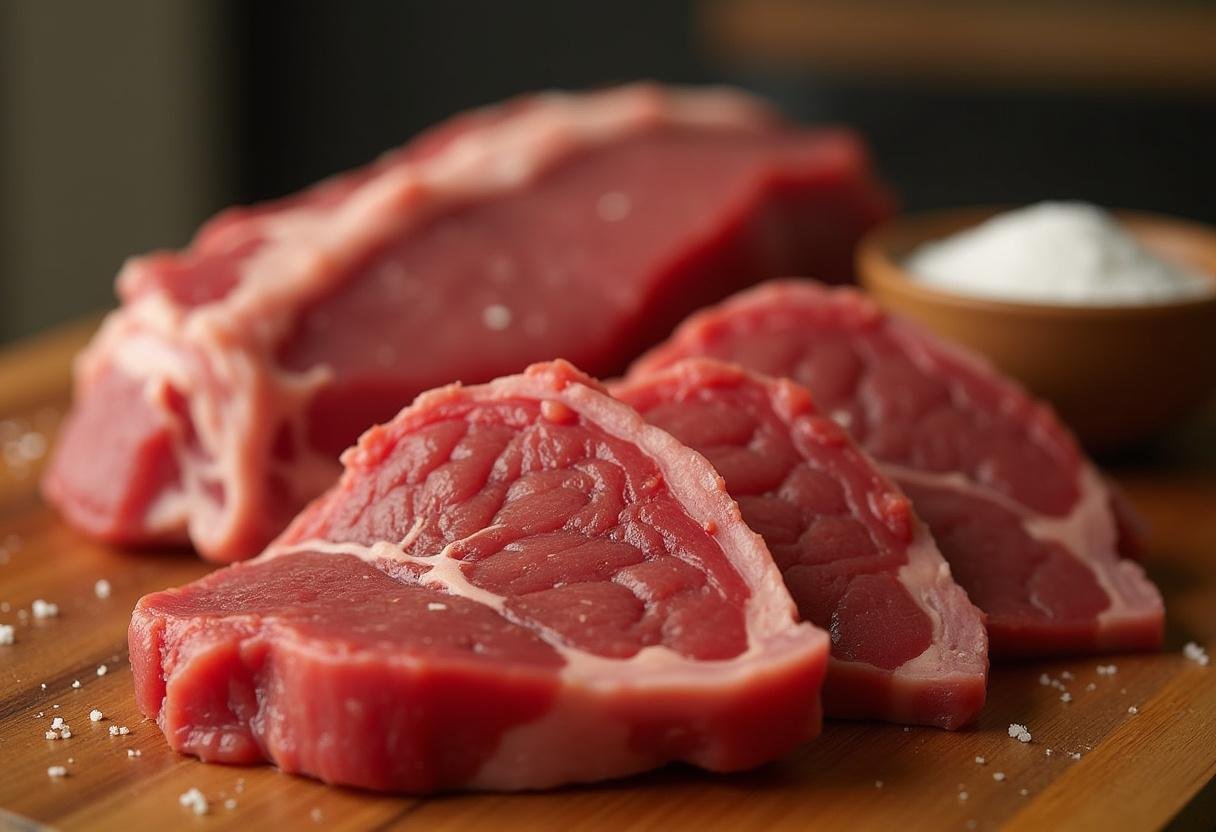 Cortes de carne para churrasco como picanha, fraldinha e costela dispostos em uma tábua de madeira.