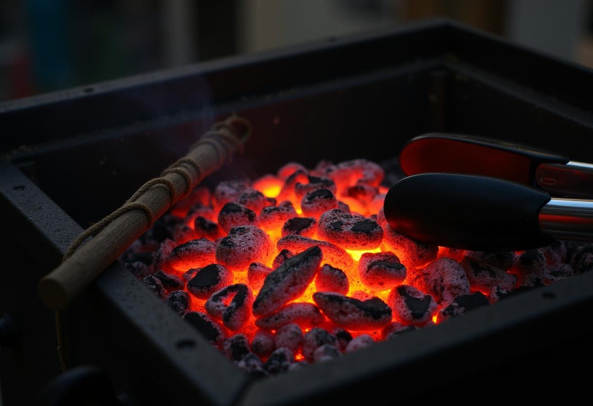 Churrasqueira a carvão com brasas acesas, pronta para grelhar a carne.