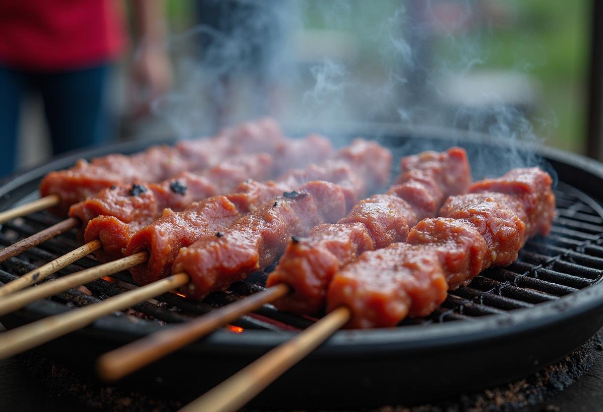 Espetos de carne sendo colocados na churrasqueira quente, com fumaça subindo.