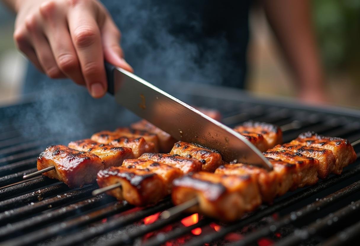 Mão virando os espetos de carne na churrasqueira, com marcas de grelha perfeitas.