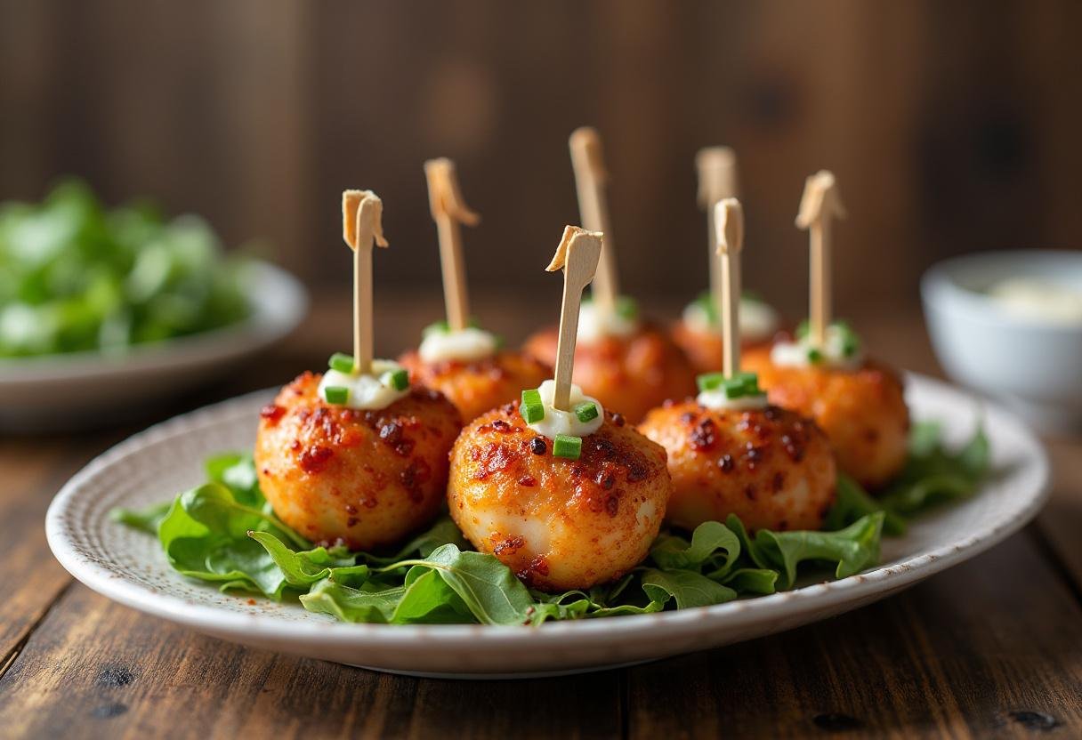 Aperitivo de coração de frango acebolado finalizado, perfeito para festas e reuniões.