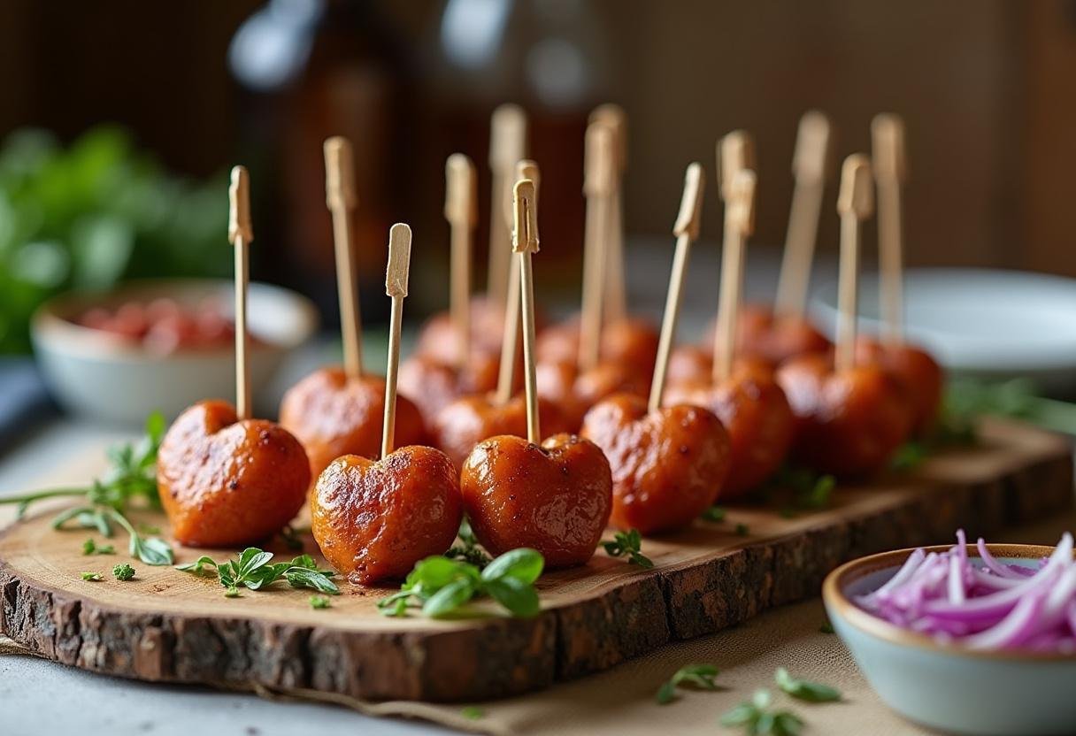 Aperitivo de coração de frango acebolado finalizado, perfeito para festas e reuniões.
