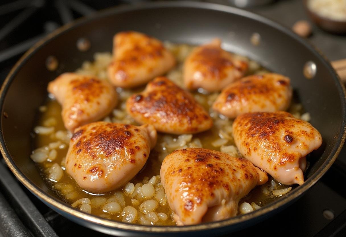 Coração de frango dourando com cebolas na frigideira, uma receita de aperitivo deliciosa.