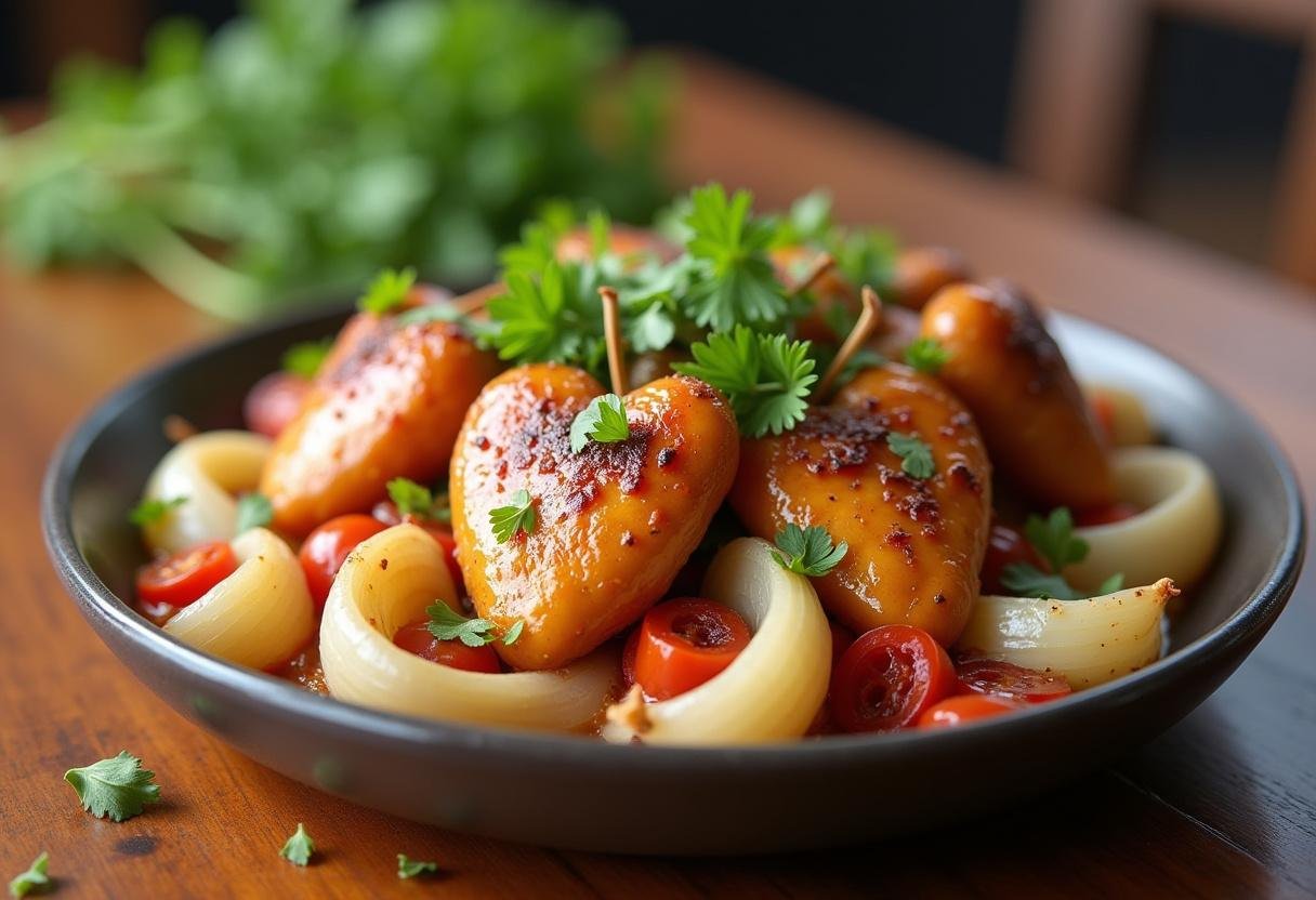 Aperitivo de coração de frango acebolado pronto para servir com guarnição de salsa.