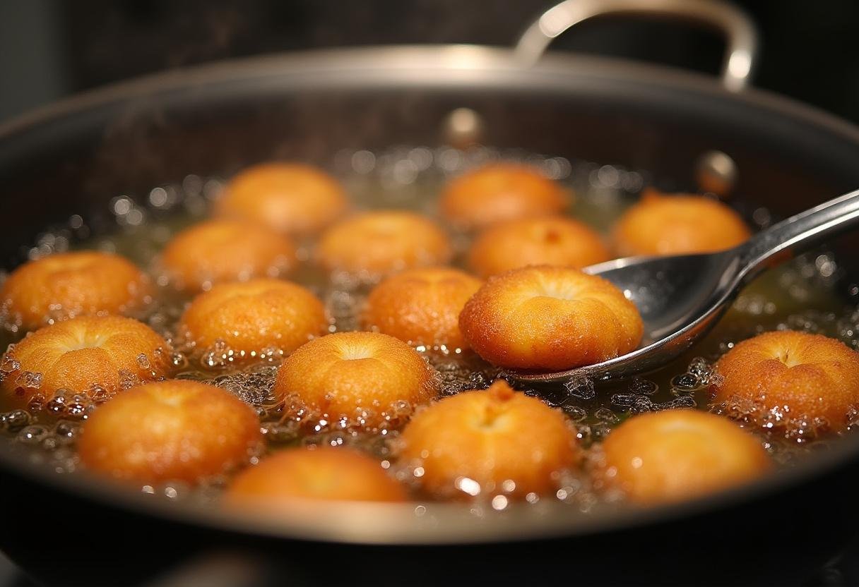 Coxinhas douradas fritando em óleo quente, criando uma crosta perfeita.