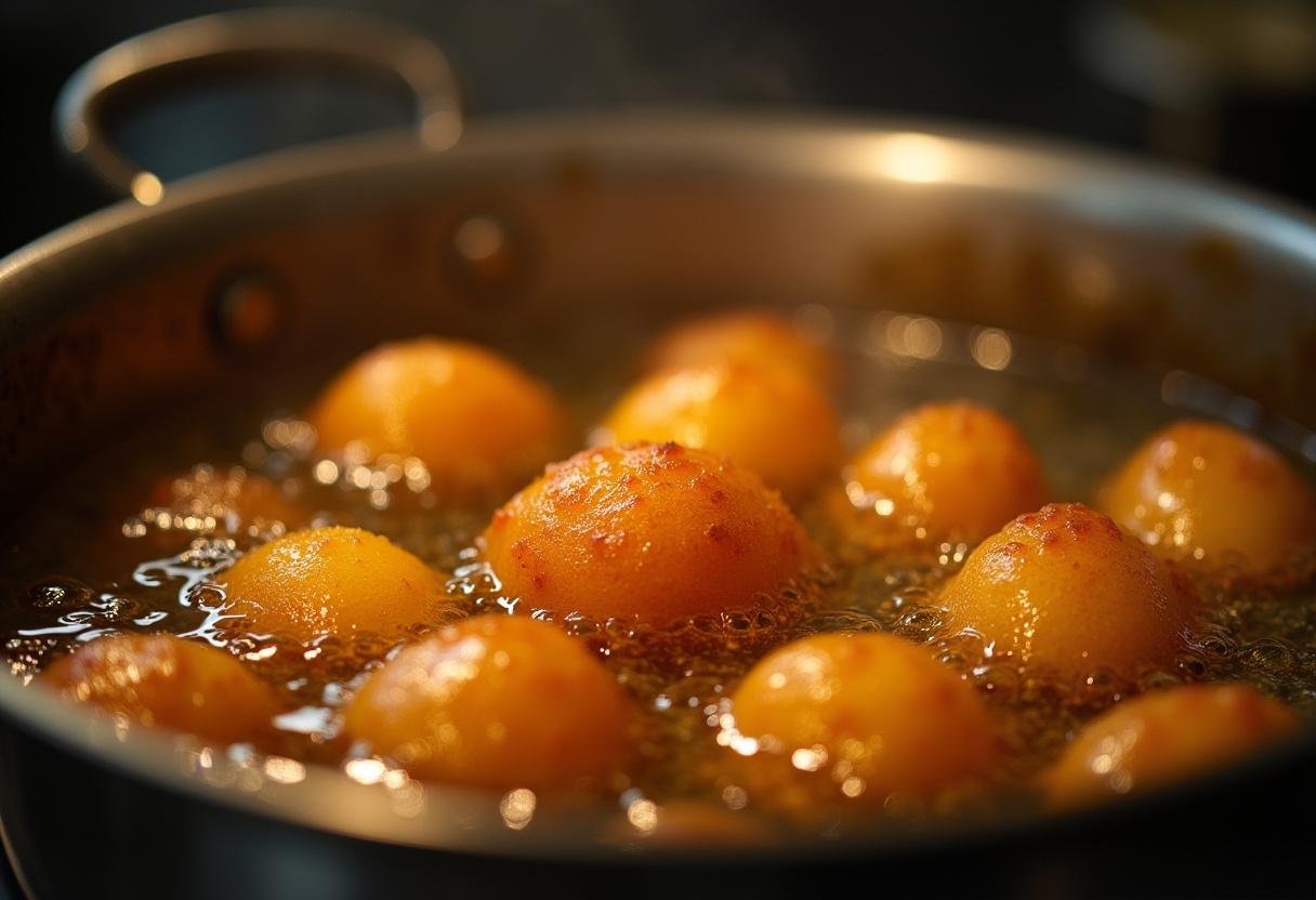 Coxinhas douradas sendo fritas em óleo quente até ficarem crocantes.