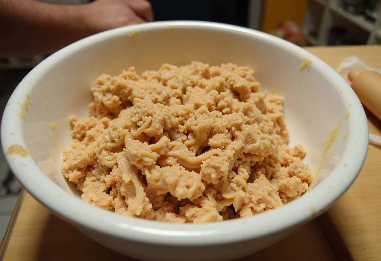 Mistura de frango desfiado preparada para fazer a Coxinha de Frango Crocante.