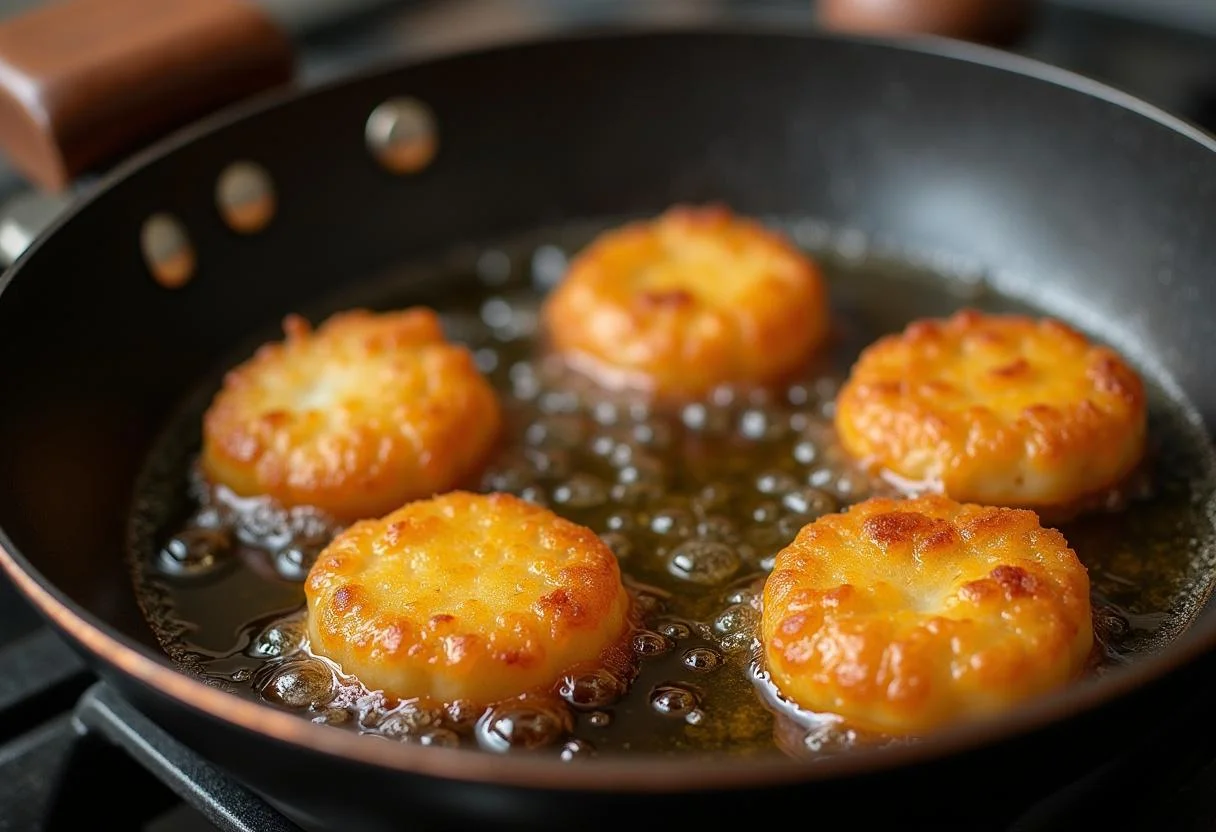 Coxinhas fritando em óleo quente, atingindo uma textura crocante para a Coxinha de Frango Crocante.