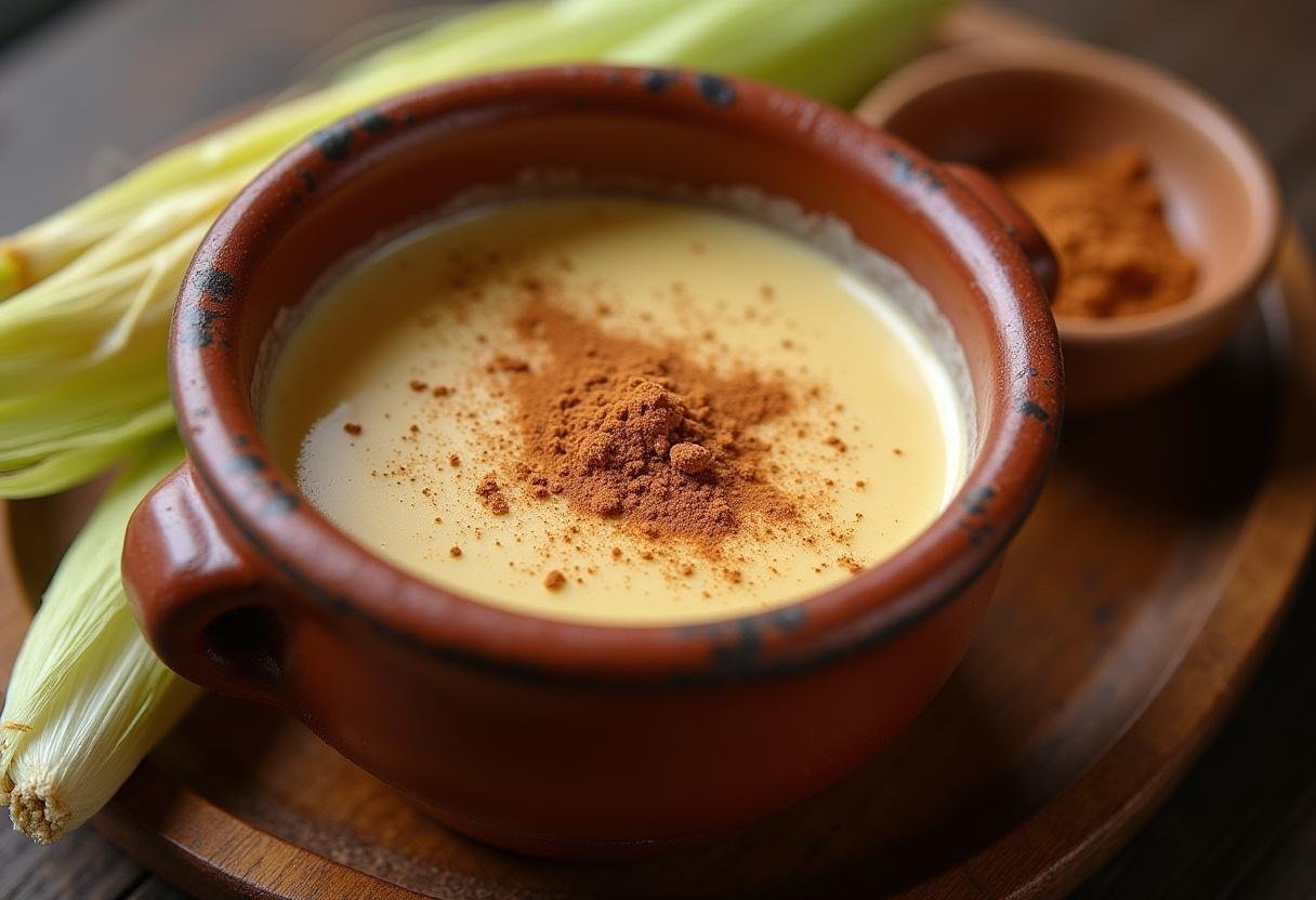 Curau cremoso finalizado, polvilhado com canela e servido em tigela de barro.