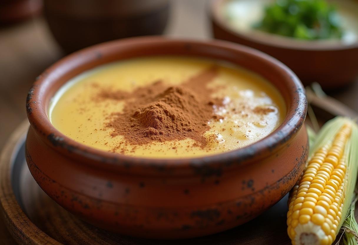 Curau cremoso finalizado, polvilhado com canela e servido em tigela de barro.