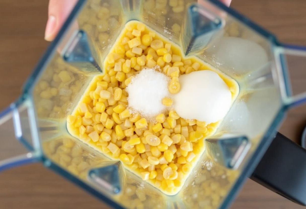 Liquidificador com milho, leite e açúcar para preparar o curau cremoso.