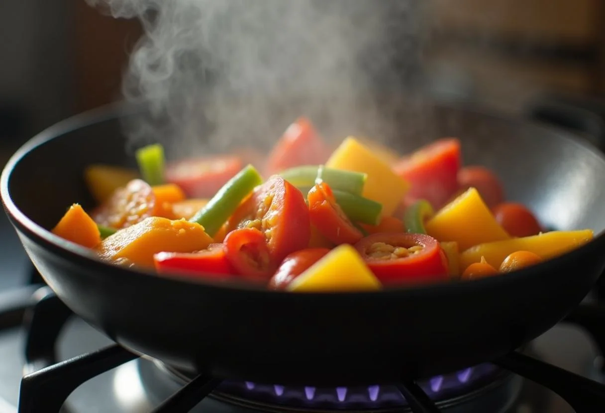 Legumes coloridos sendo refogados para a receita de Cuscuz Nordestino Colorido.