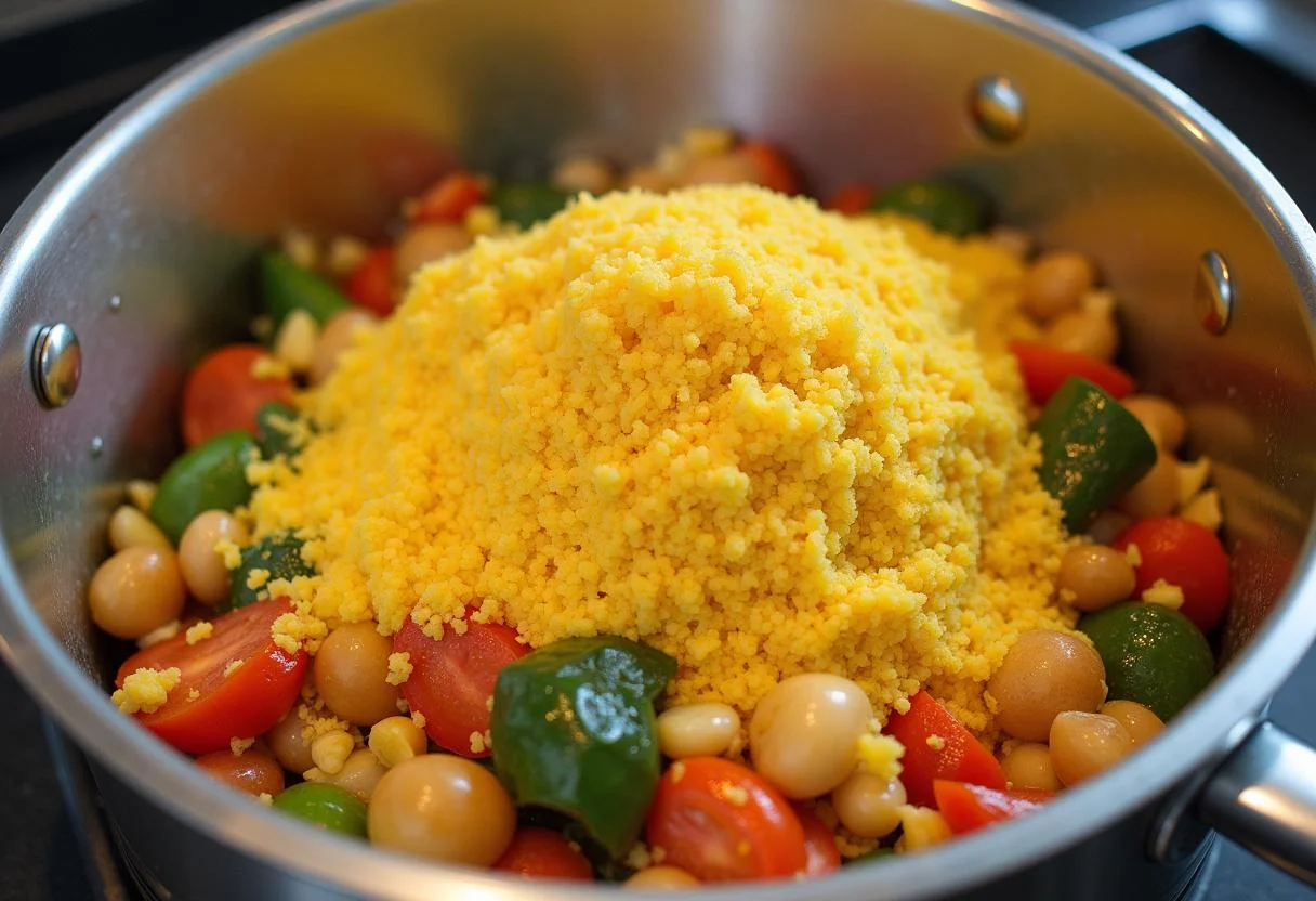 Camadas de fubá e legumes coloridos sendo arrumadas em um cuscuzeiro para Cuscuz Nordestino.
